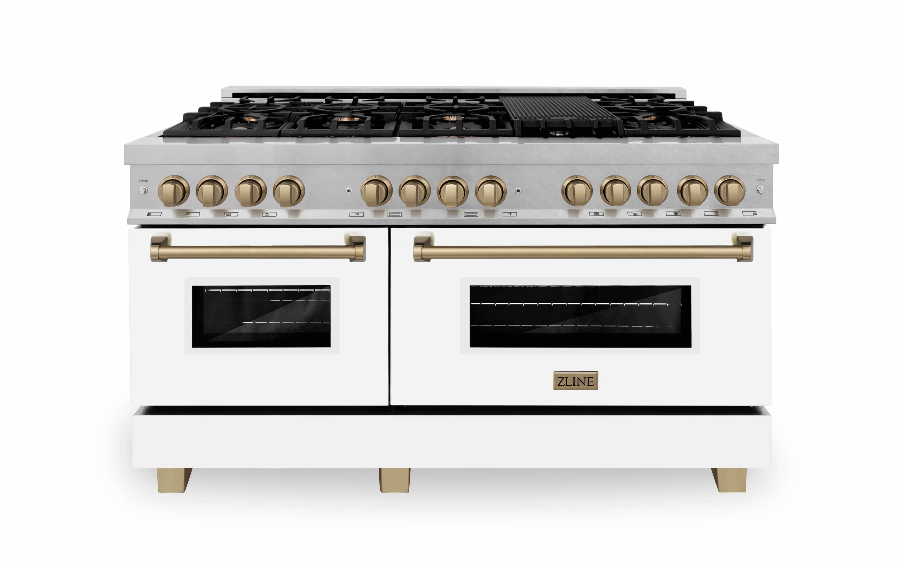 ZLINE Autograph Edition 60-Inch Dual Fuel Range, Gas Stove and Electric Oven, in DuraSnow® Stainless Steel, White Door, Bronze Accents (RASZ-WM-60-CB)