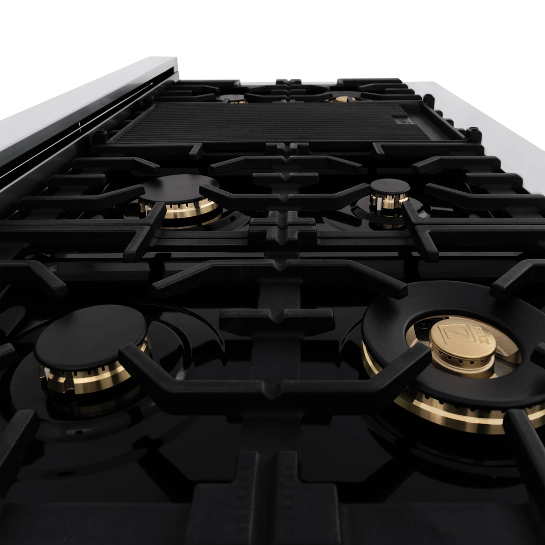 ZLINE Autograph Edition 48-Inch Porcelain Rangetop with 7 Gas Brass Burners in Stainless Steel and Gold Accents (RTZ-48-MB)