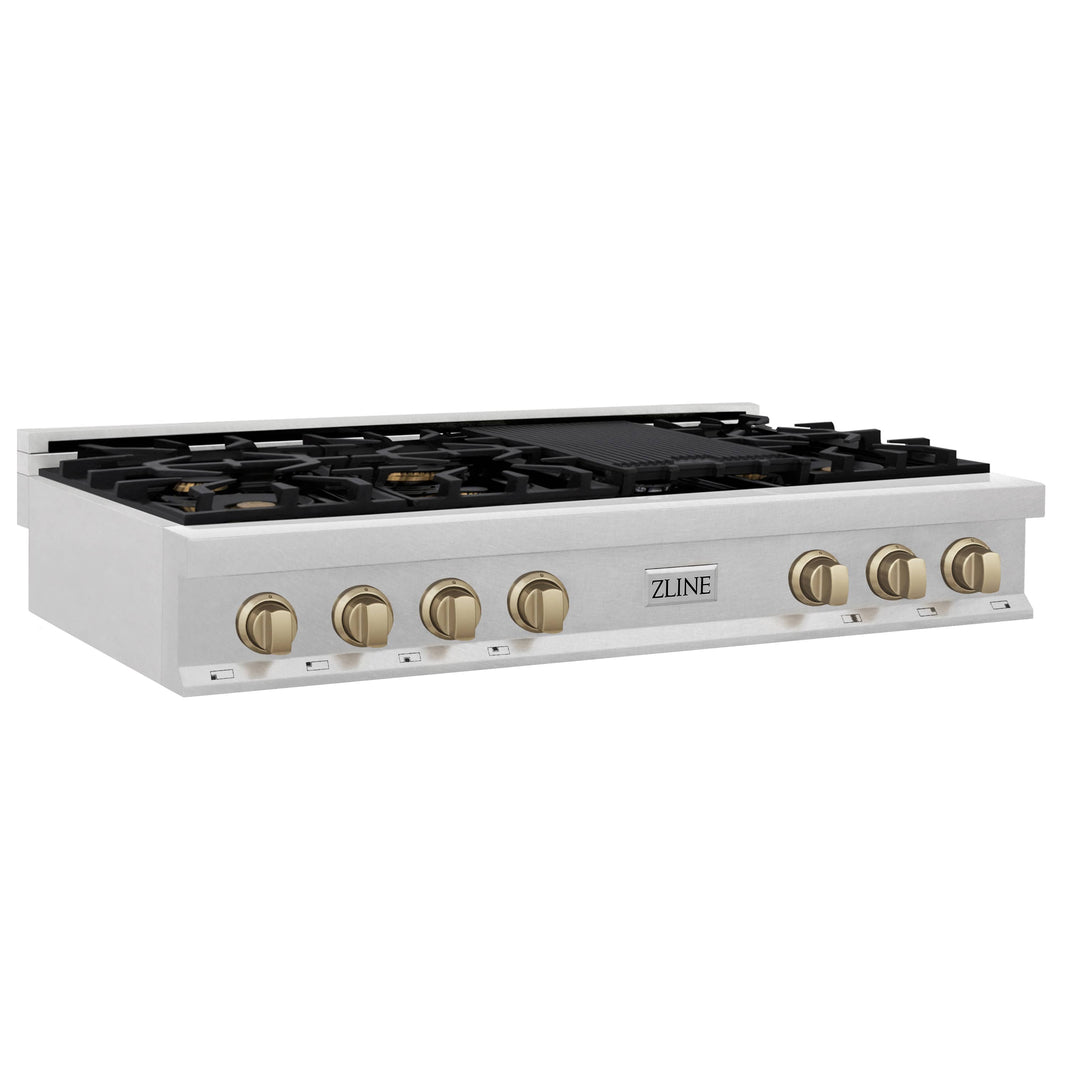 ZLINE Autograph Edition 48-Inch Porcelain Rangetop with 7 Gas Burners in DuraSnow® Stainless Steel and Champagne Bronze Accents (RTSZ-48-CB)