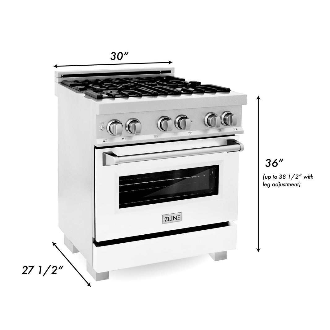 ZLINE 30-Inch Dual Fuel Range with 4.0 cu. ft. Electric Oven and Gas Cooktop and Griddle and White Matte Door in Fingerprint Resistant Stainless (RAS-WM-GR-30)