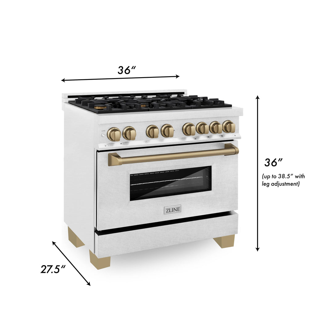 ZLINE Autograph Edition 36-Inch 4.6 cu. ft. Dual Fuel Range with Gas Stove and Electric Oven in DuraSnow Stainless Steel with Champagne Bronze Accents (RASZ-SN-36-CB)