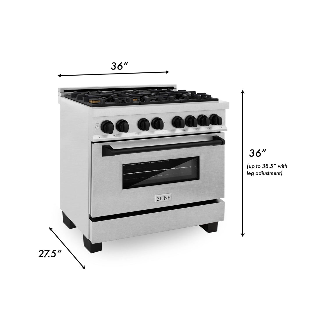 ZLINE Autograph Edition 36-Inch Dual Fuel Range with Gas Stove and Electric Oven in DuraSnow Stainless Steel with Matte Black Accents (RASZ-SN-36-MB)