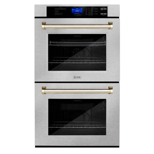 ZLINE 30" Autograph Edition Double Wall Oven with Self Clean and True Convection in DuraSnow® Stainless Steel and Gold (AWDSZ-30-G)