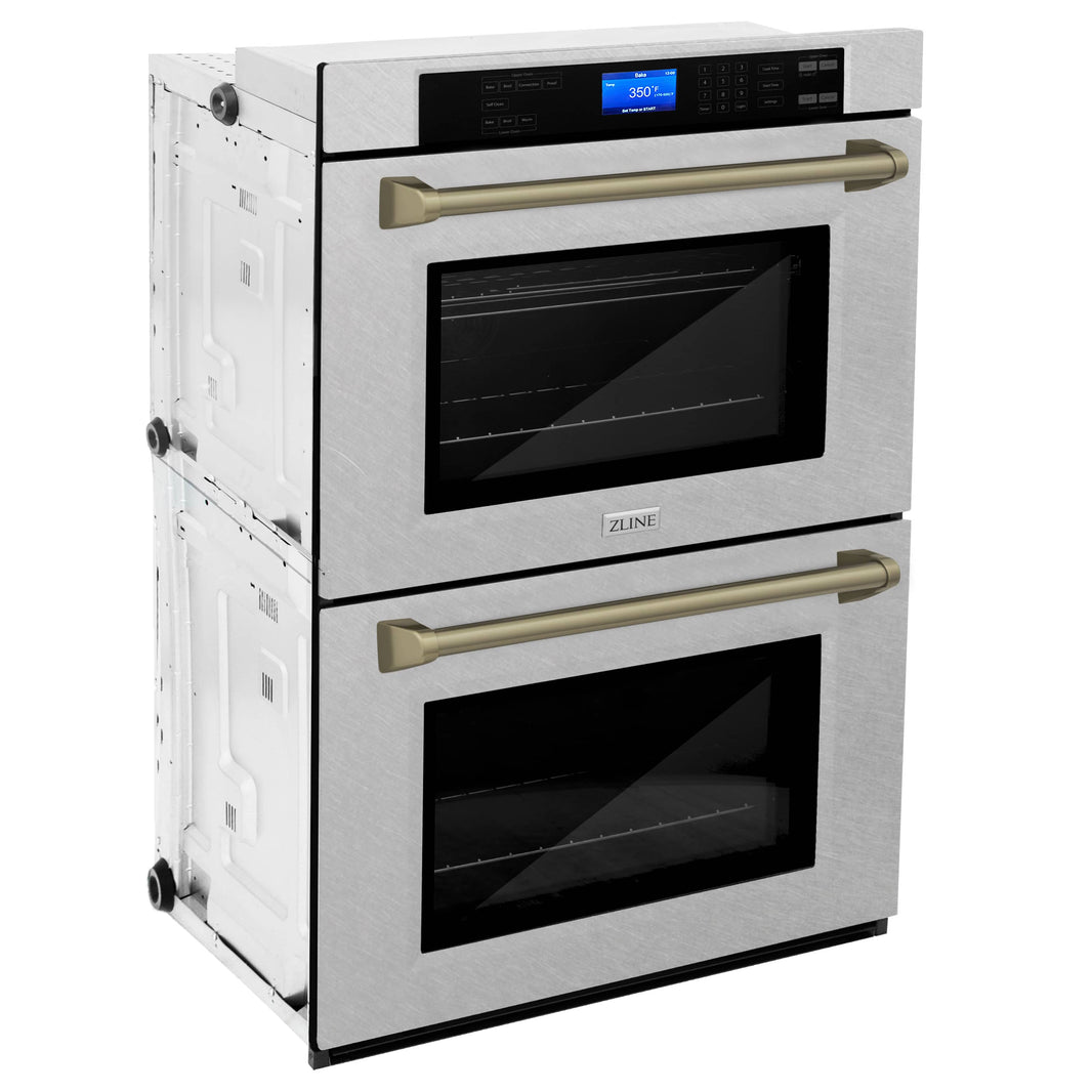 ZLINE 30" Autograph Edition Double Wall Oven with Self Clean and True Convection in DuraSnow® Stainless Steel and Champagne Bronze (AWDSZ-30-CB)