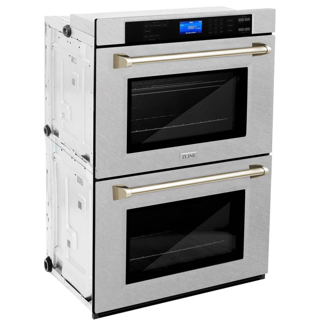 ZLINE 30" Autograph Edition Double Wall Oven with Self Clean and True Convection in DuraSnow® Stainless Steel and Gold (AWDSZ-30-G)