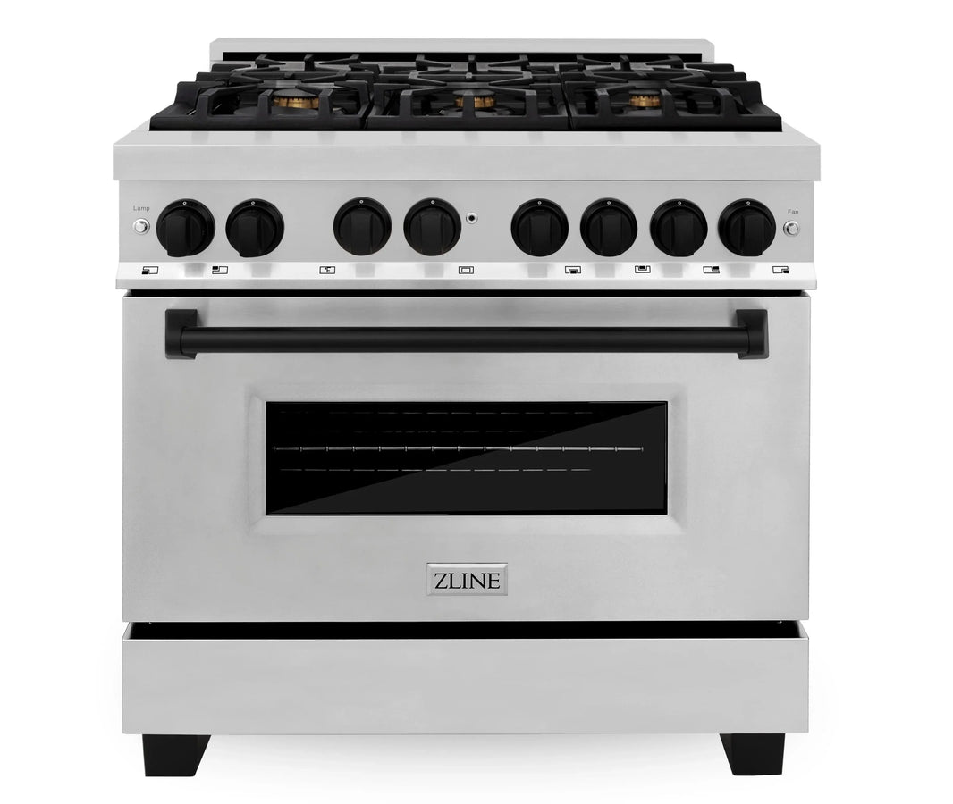 ZLINE Autograph Edition 2-Piece Appliance Package - 36" Dual Fuel Range & Wall Mounted Range Hood in Stainless Steel with Matte Black Trim (2AKP-RARH36-MB)