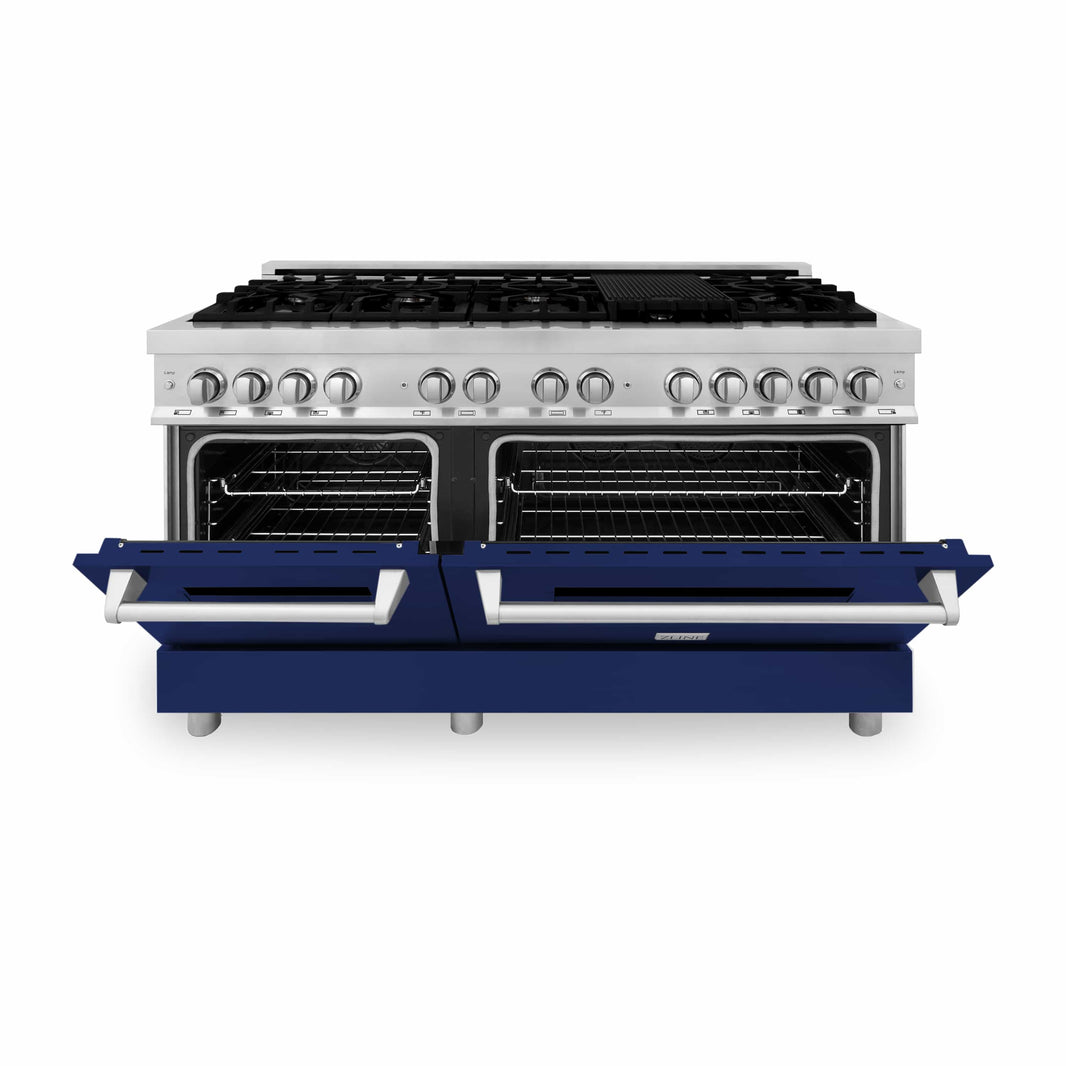 ZLINE 60-Inch 7.4 cu. ft. Dual Fuel Range with Gas Stove and Electric Oven in Stainless Steel and Blue Gloss Door (RA-BG-60)