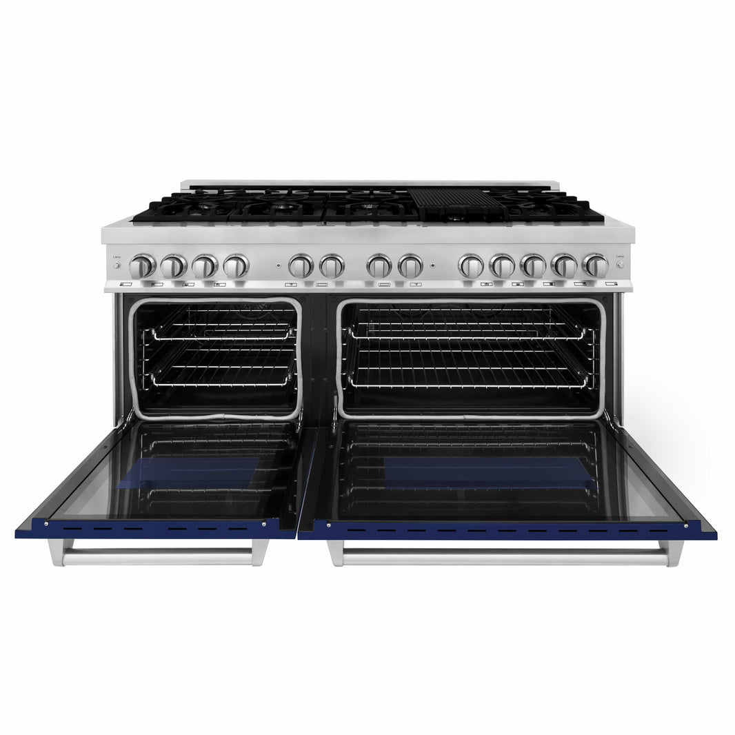 ZLINE 60-Inch 7.4 cu. ft. Dual Fuel Range with Gas Stove and Electric Oven in Stainless Steel and Blue Gloss Door (RA-BG-60)