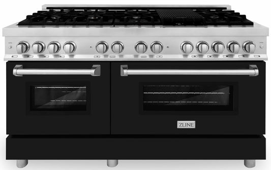 ZLINE 60-Inch 7.4 cu. ft. Dual Fuel Range with Gas Stove and Electric Oven in Stainless Steel and Black Matte Door (RA-BLM-60)