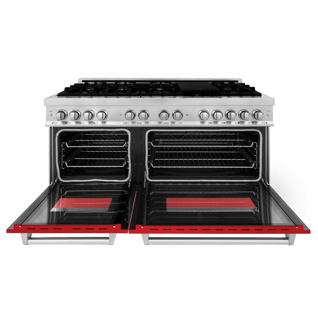 ZLINE 60-Inch 7.4 cu. ft. Dual Fuel Range with Gas Stove and Electric Oven in Stainless Steel and Red Matte Door (RA-RM-60)