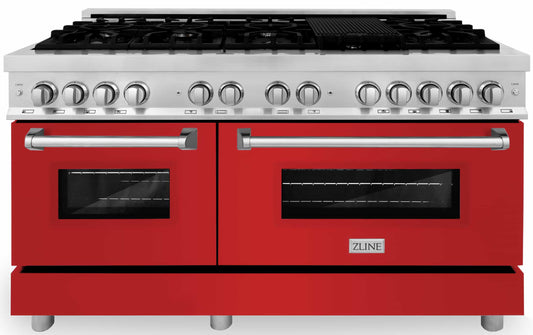 ZLINE 60-Inch 7.4 cu. ft. Dual Fuel Range with Gas Stove and Electric Oven in Stainless Steel and Red Matte Door (RA-RM-60)