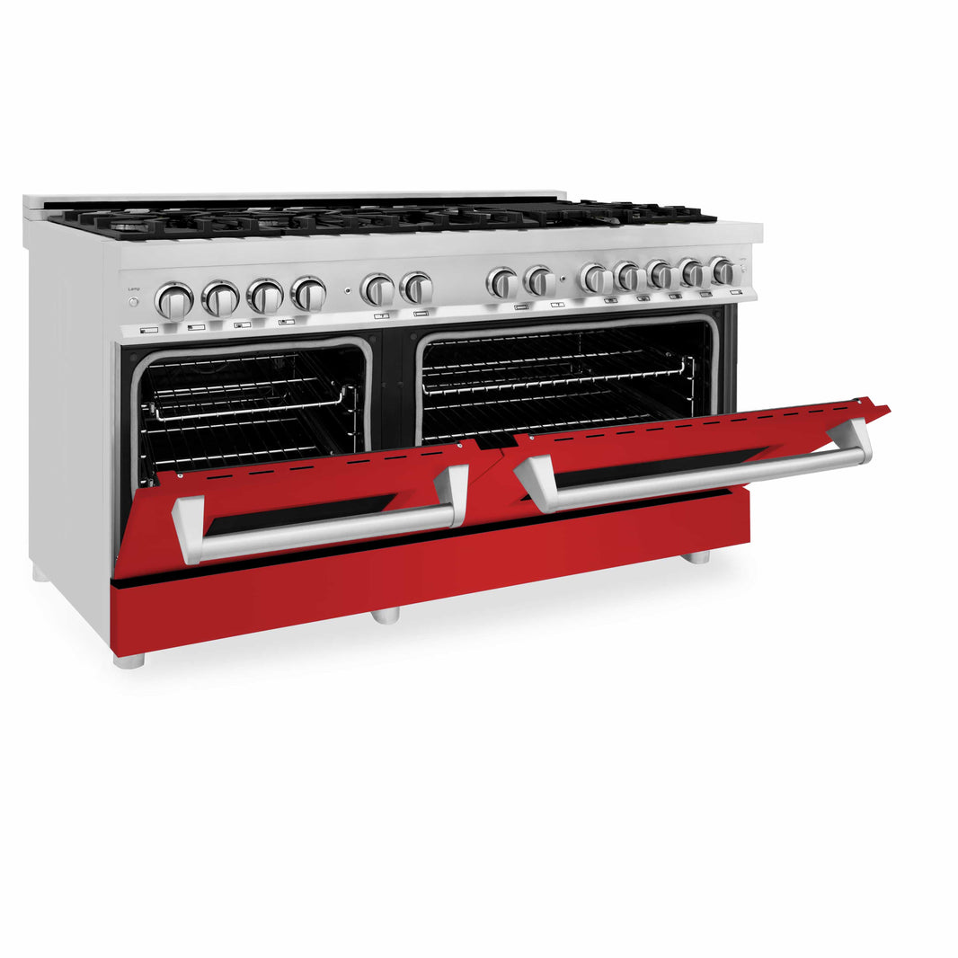 ZLINE 60-Inch 7.4 cu. ft. Dual Fuel Range with Gas Stove and Electric Oven in Stainless Steel and Red Matte Door (RA-RM-60)