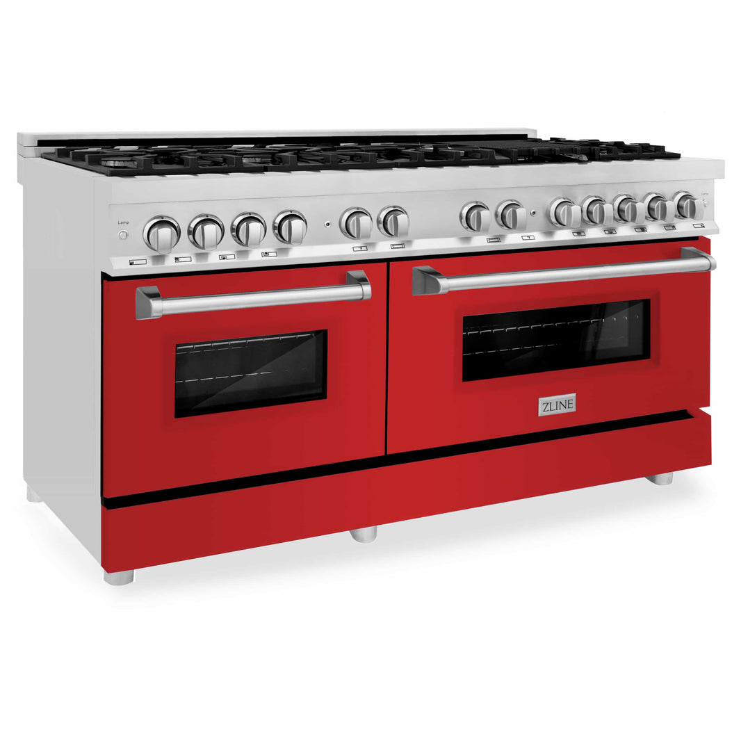 ZLINE 60-Inch 7.4 cu. ft. Dual Fuel Range with Gas Stove and Electric Oven in Stainless Steel and Red Matte Door (RA-RM-60)