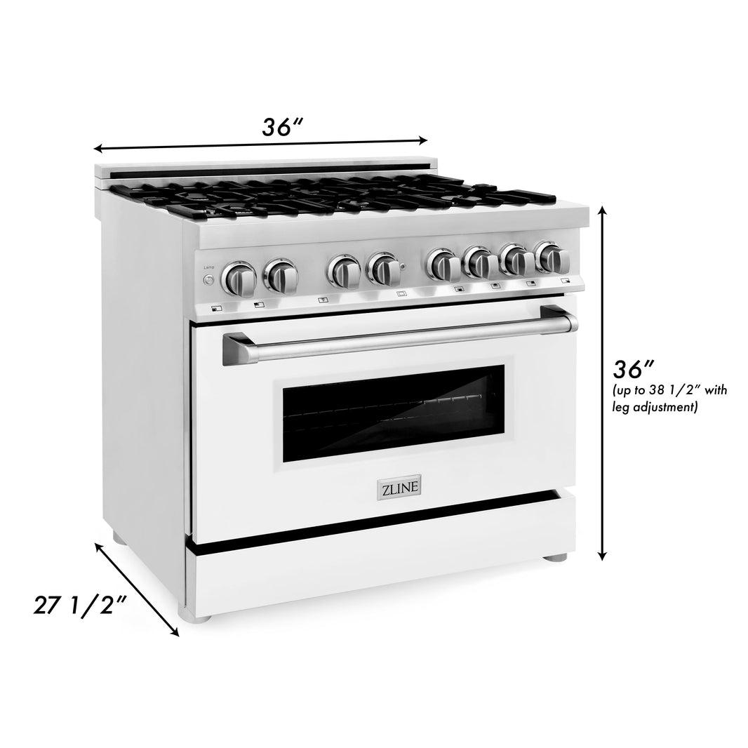 ZLINE 36-Inch Dual Fuel Range with 4.6 cu. ft. Electric Oven and Gas Cooktop and Griddle and White Matte Door in Stainless Steel (RA-WM-GR-36)