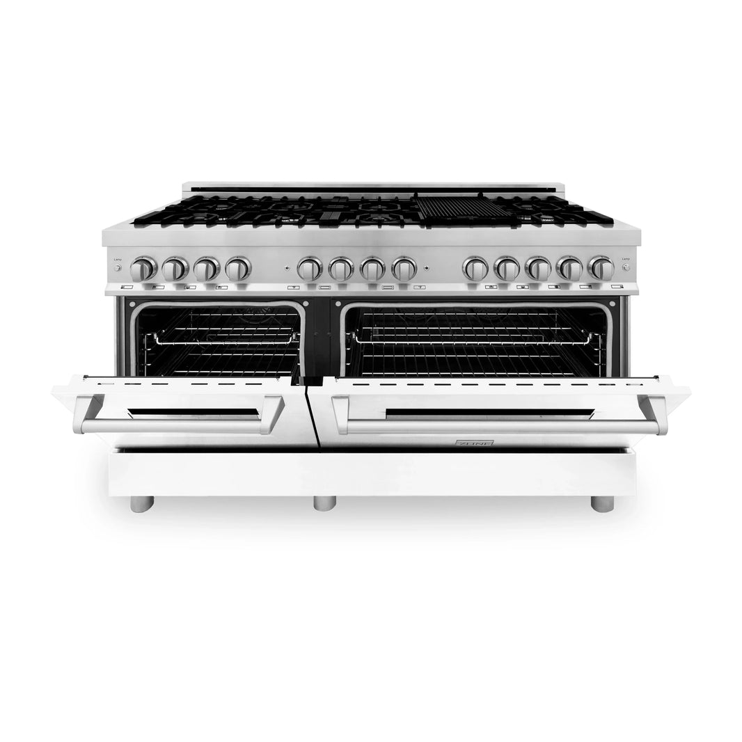 ZLINE 60-Inch Dual Fuel Range with 7.4 cu. ft. Electric Oven and Gas Cooktop and Griddle and White Matte Door in Stainless Steel (RA-WM-GR-60)