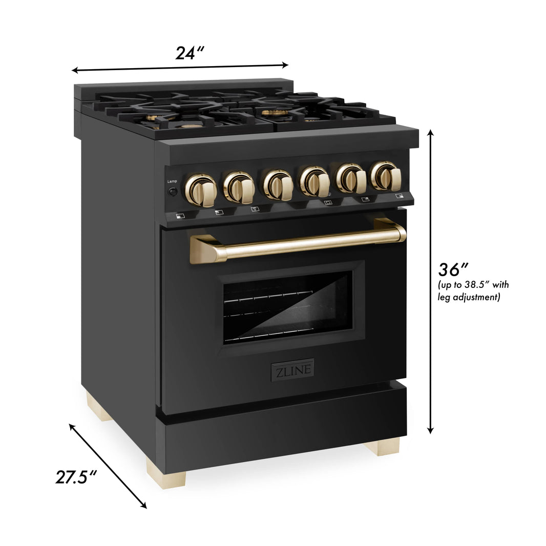 ZLINE Autograph Edition 24-Inch 2.8 cu. ft. Dual Fuel Range with Gas Stove and Electric Oven in Black Stainless Steel with Gold Trim (RABZ-24-G)