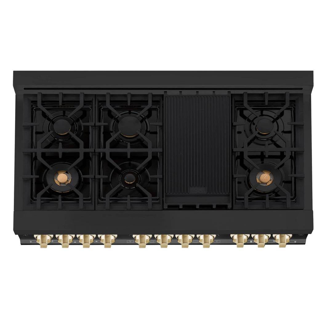 ZLINE Autograph Edition 48-Inch 6.0 cu. ft. Dual Fuel Range with Gas Stove and Electric Oven in Black Stainless Steel with Gold Accents (RABZ-48-G)