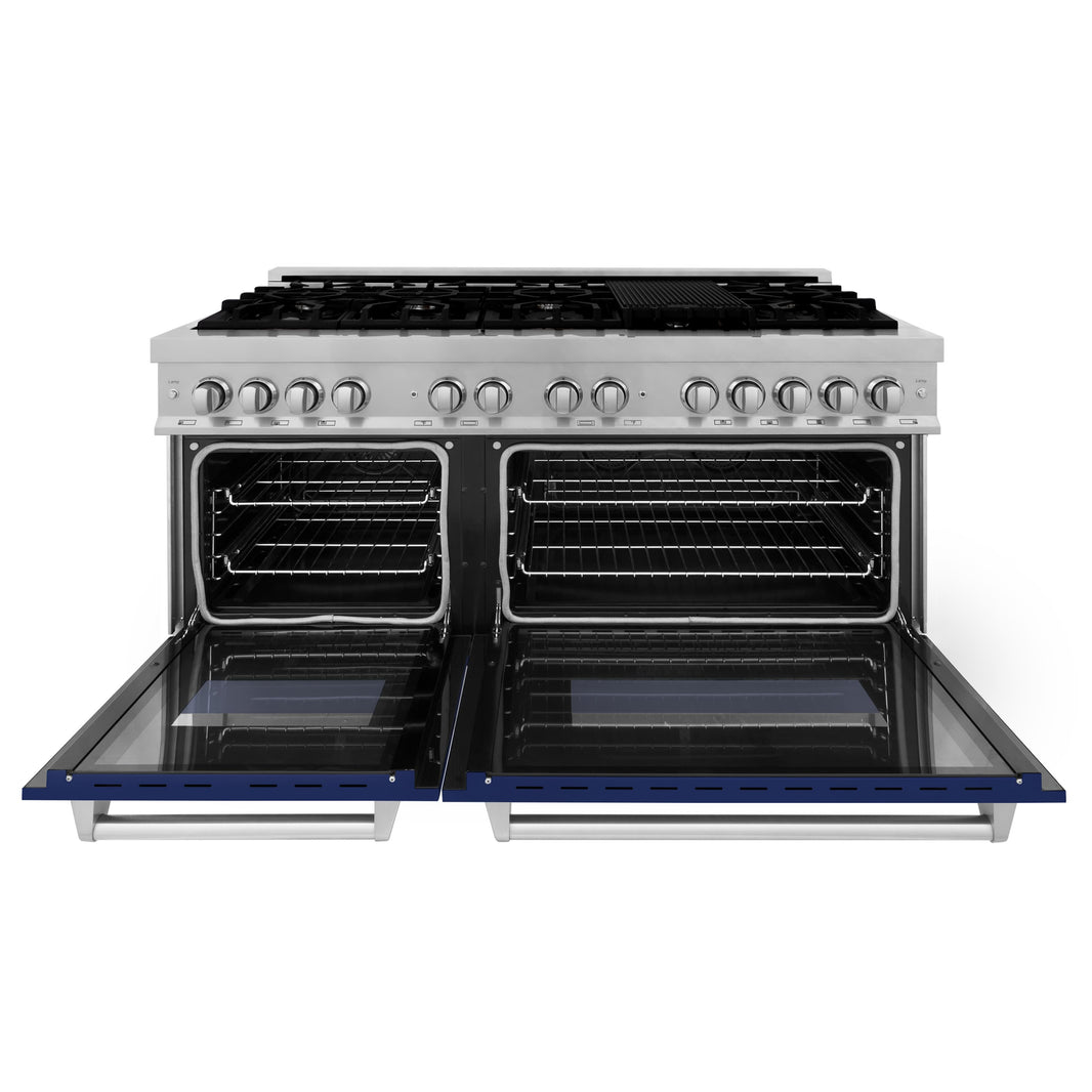 ZLINE 60-Inch 7.4 cu. ft. Dual Fuel Range with Gas Stove and Electric Oven in DuraSnow Stainless Steel and Blue Gloss Doors (RAS-BG-60)