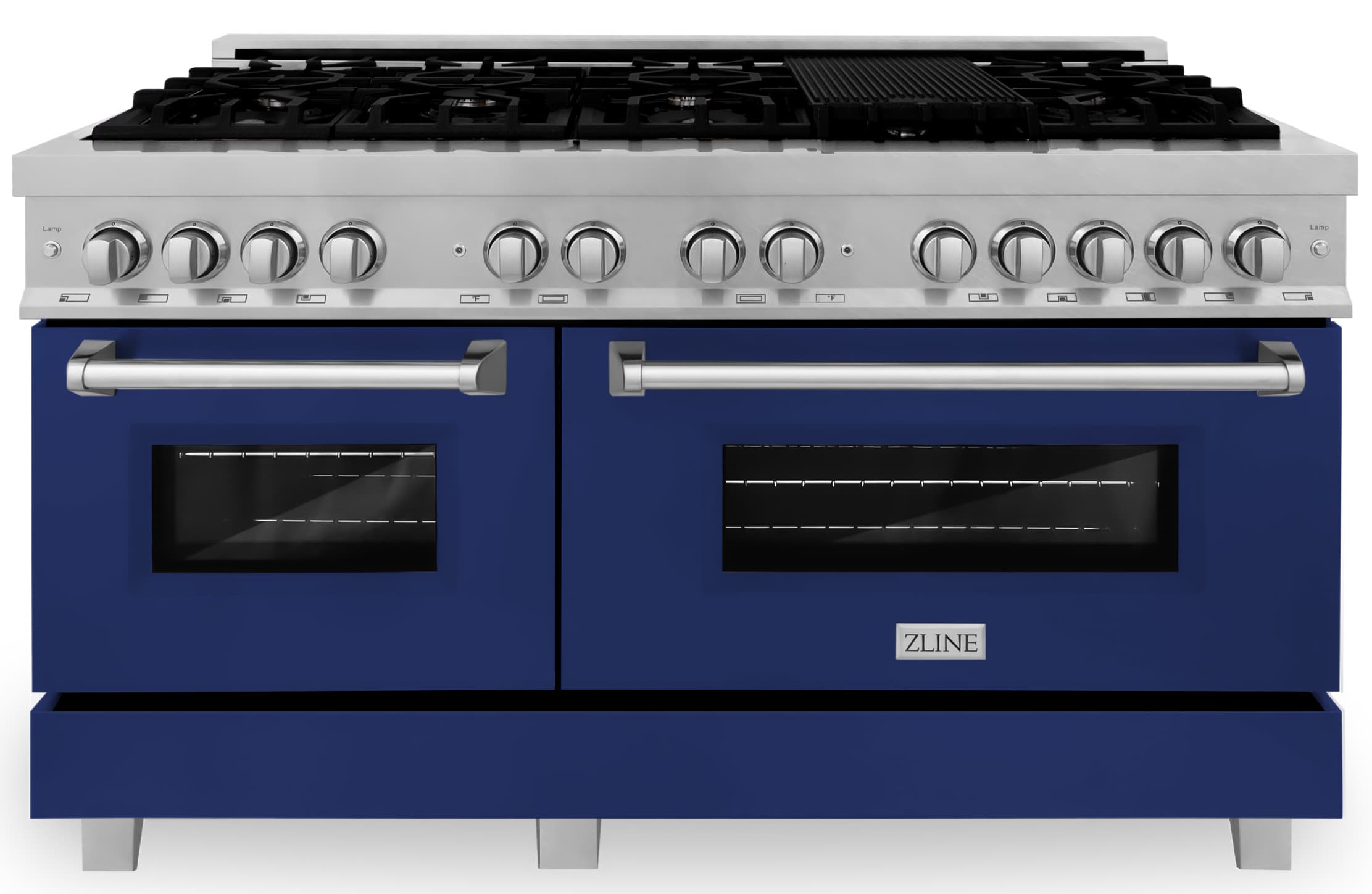 ZLINE 60-Inch 7.4 cu. ft. Dual Fuel Range with Gas Stove and Electric Oven in DuraSnow Stainless Steel and Blue Gloss Doors (RAS-BG-60)