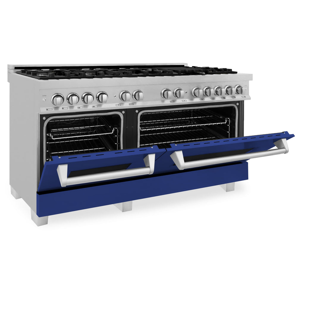 ZLINE 60-Inch 7.4 cu. ft. Dual Fuel Range with Gas Stove and Electric Oven in DuraSnow Stainless Steel and Blue Gloss Doors (RAS-BG-60)