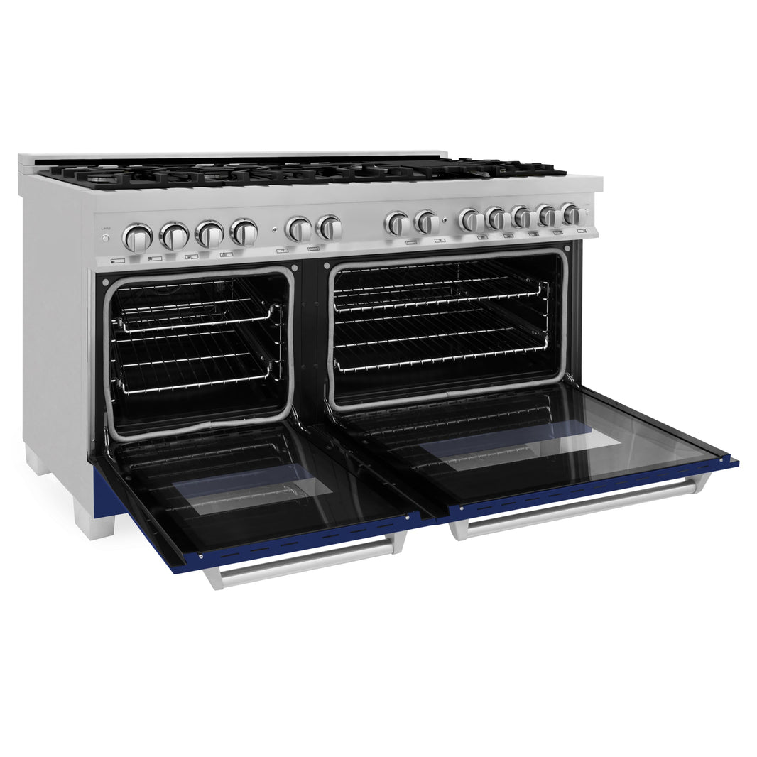 ZLINE 60-Inch 7.4 cu. ft. Dual Fuel Range with Gas Stove and Electric Oven in DuraSnow Stainless Steel and Blue Gloss Doors (RAS-BG-60)