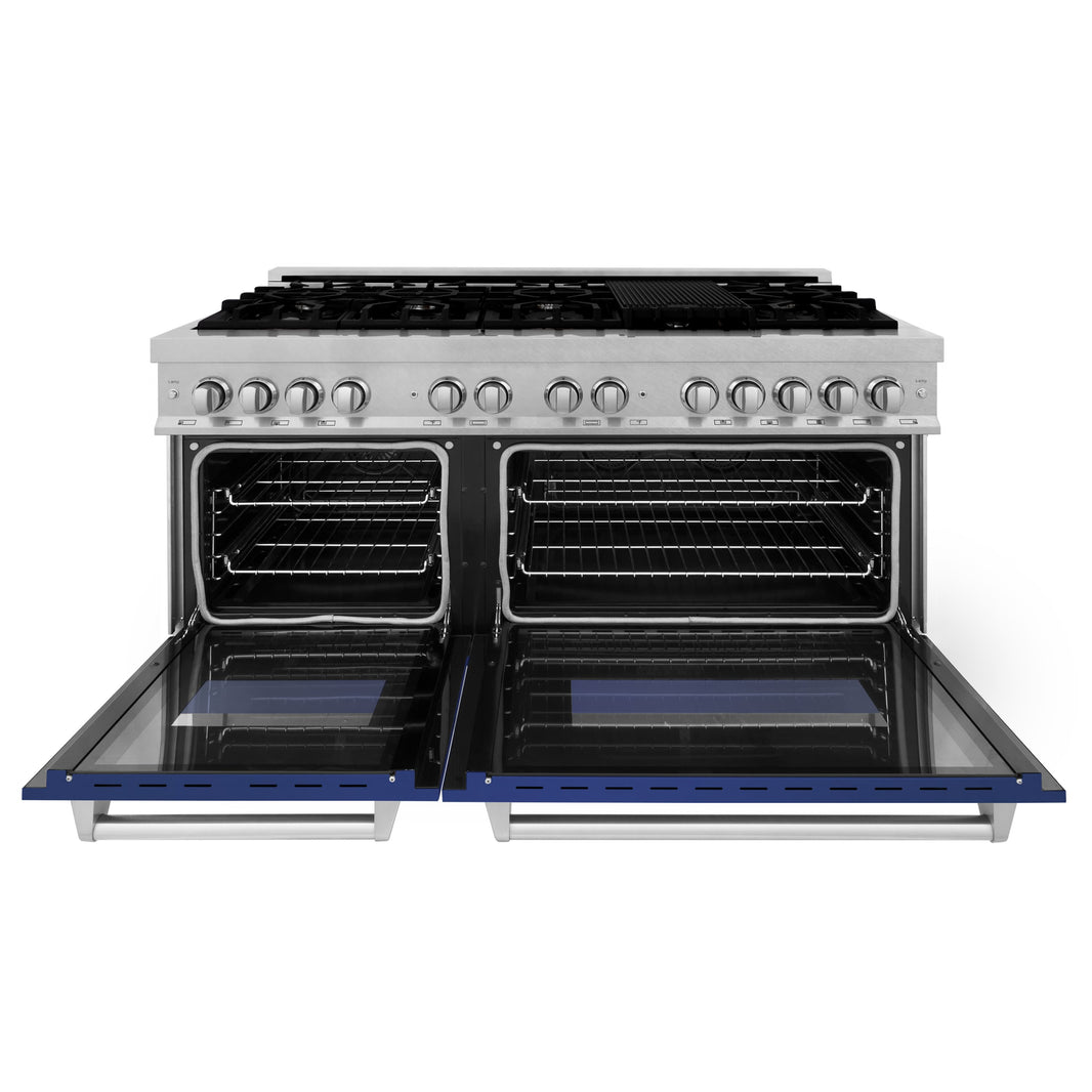 ZLINE 60-Inch 7.4 cu. ft. Dual Fuel Range with Gas Stove and Electric Oven in DuraSnow Stainless Steel and Blue Matte Doors (RAS-BM-60)