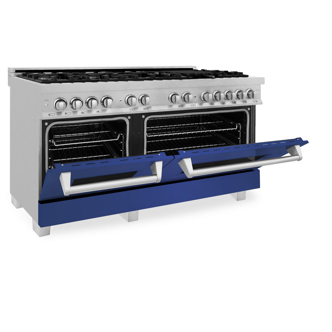 ZLINE 60-Inch 7.4 cu. ft. Dual Fuel Range with Gas Stove and Electric Oven in DuraSnow Stainless Steel and Blue Matte Doors (RAS-BM-60)