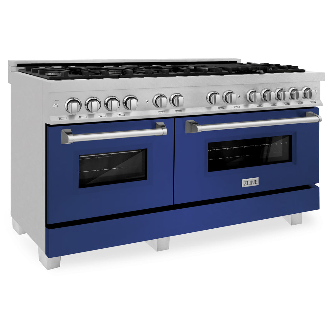 ZLINE 60-Inch 7.4 cu. ft. Dual Fuel Range with Gas Stove and Electric Oven in DuraSnow Stainless Steel and Blue Matte Doors (RAS-BM-60)