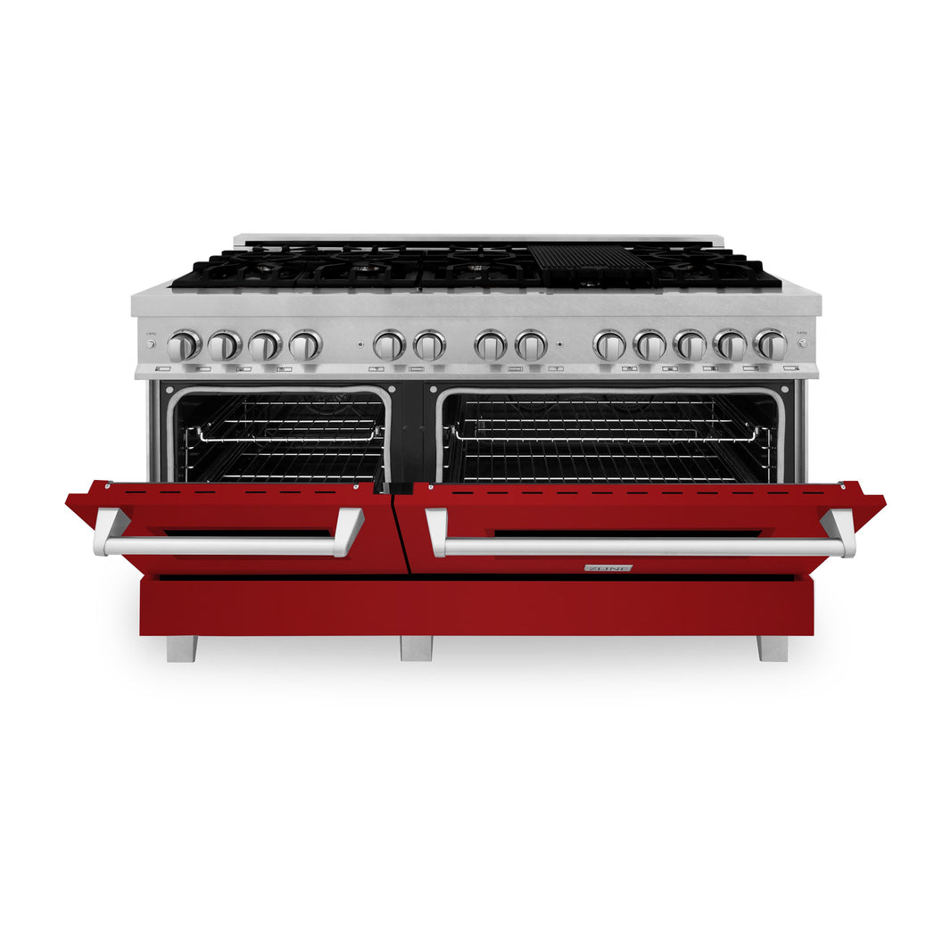 ZLINE 60-Inch 7.4 cu. ft. Dual Fuel Range with Gas Stove and Electric Oven in DuraSnow Stainless Steel and Red Gloss Doors (RAS-RG-60)