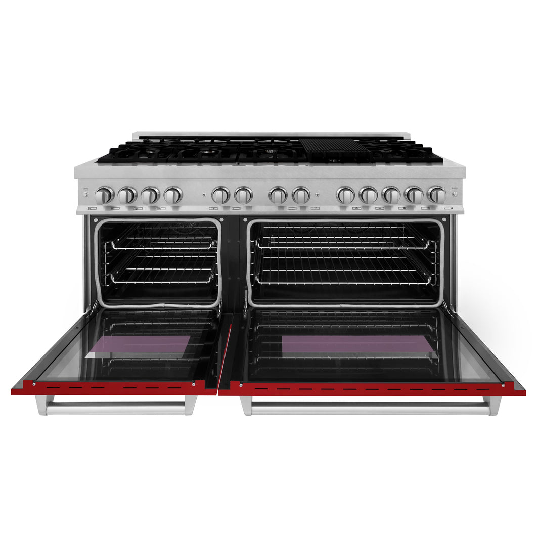 ZLINE 60-Inch 7.4 cu. ft. Dual Fuel Range with Gas Stove and Electric Oven in DuraSnow Stainless Steel and Red Gloss Doors (RAS-RG-60)