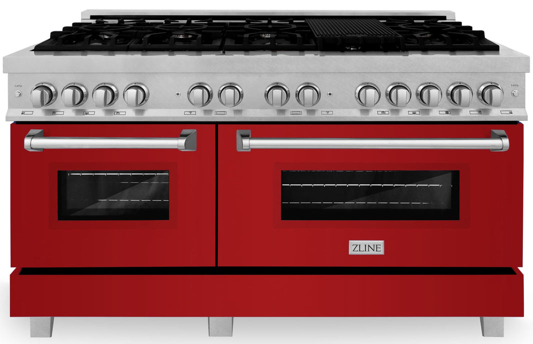 ZLINE 60-Inch 7.4 cu. ft. Dual Fuel Range with Gas Stove and Electric Oven in DuraSnow Stainless Steel and Red Gloss Doors (RAS-RG-60)