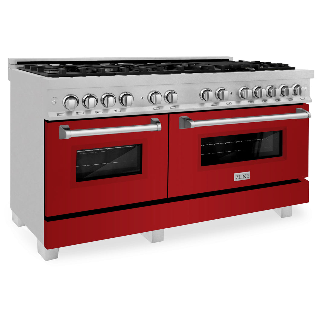 ZLINE 60-Inch 7.4 cu. ft. Dual Fuel Range with Gas Stove and Electric Oven in DuraSnow Stainless Steel and Red Gloss Doors (RAS-RG-60)