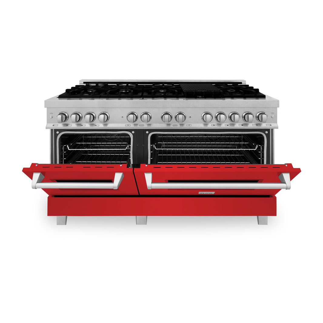 ZLINE 60-Inch 7.4 cu. ft. Dual Fuel Range with Gas Stove and Electric Oven in DuraSnow Stainless Steel and Red Matte Doors (RAS-RM-60)