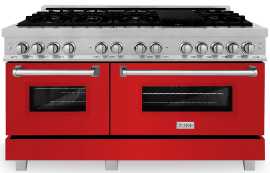 ZLINE 60-Inch 7.4 cu. ft. Dual Fuel Range with Gas Stove and Electric Oven in DuraSnow Stainless Steel and Red Matte Doors (RAS-RM-60)