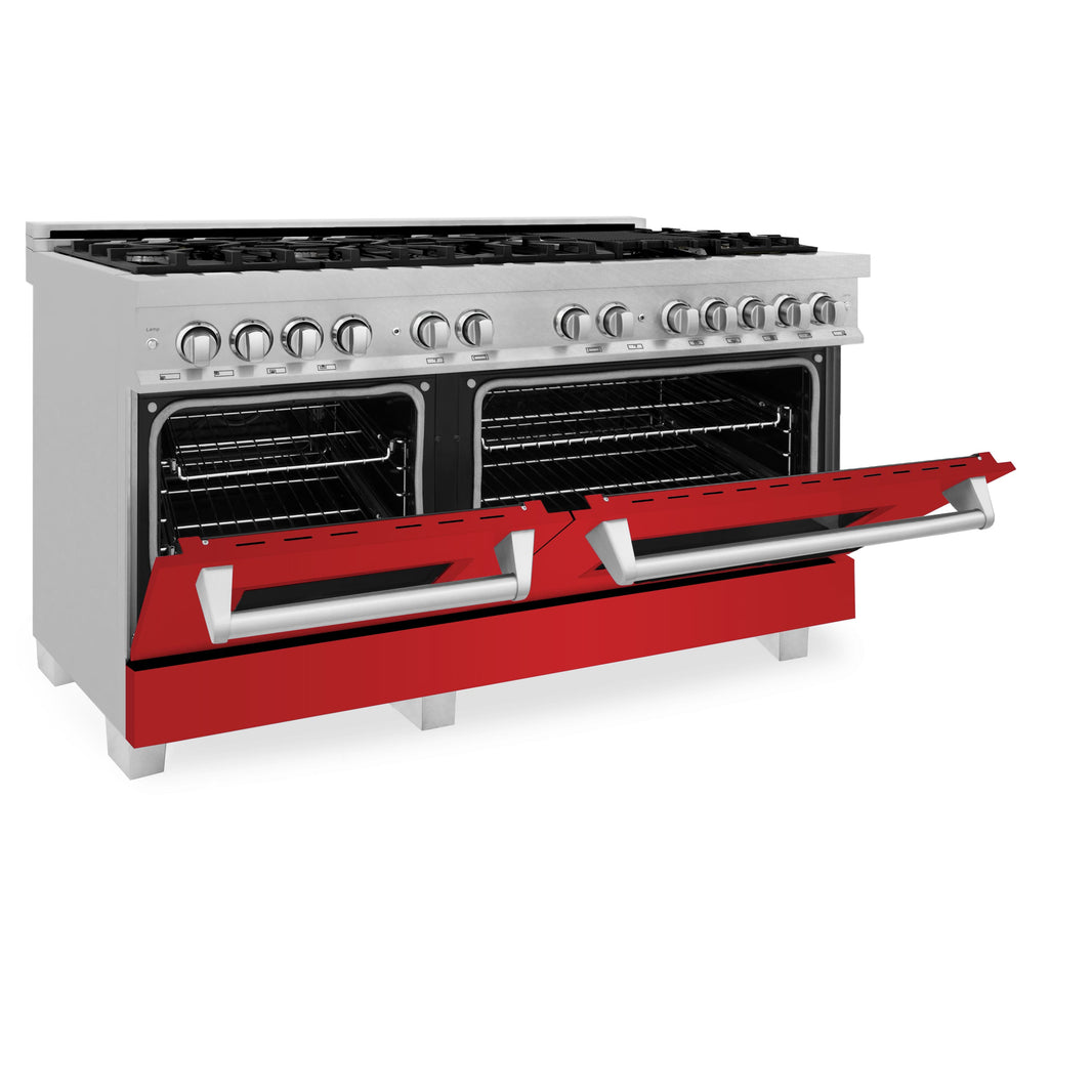 ZLINE 60-Inch 7.4 cu. ft. Dual Fuel Range with Gas Stove and Electric Oven in DuraSnow Stainless Steel and Red Matte Doors (RAS-RM-60)