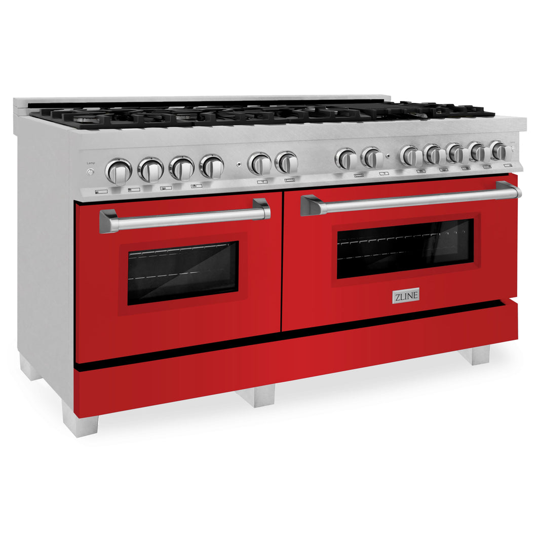 ZLINE 60-Inch 7.4 cu. ft. Dual Fuel Range with Gas Stove and Electric Oven in DuraSnow Stainless Steel and Red Matte Doors (RAS-RM-60)