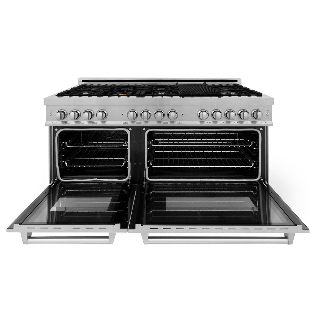 ZLINE 60-Inch Dual Fuel Range with 7.4 cu. ft. Electric Oven and Gas Cooktop with Brass Burners and Griddle in DuraSnow Fingerprint Resistant Stainless (RAS-SN-BR-GR-60)