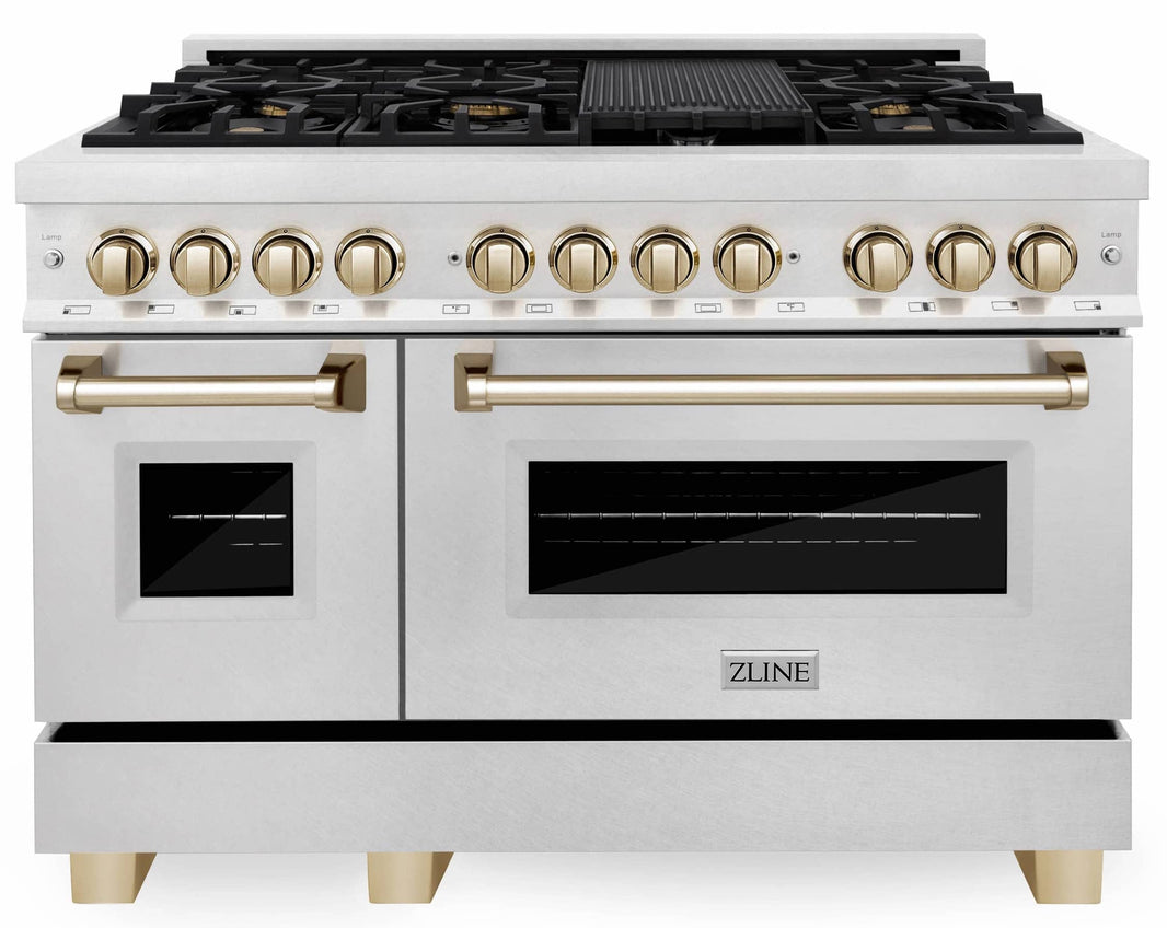 ZLINE Autograph Edition 48-Inch Dual Fuel Range with Gas Stove and Electric Oven in DuraSnow® Stainless Steel with Gold Accents (RASZ-SN-48-G)