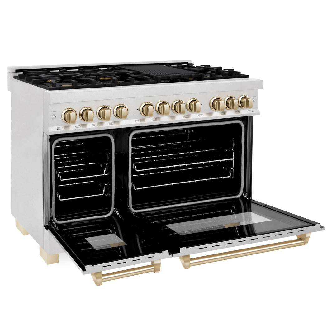 ZLINE Autograph Edition 48-Inch Dual Fuel Range with Gas Stove and Electric Oven in DuraSnow® Stainless Steel with Gold Accents (RASZ-SN-48-G)