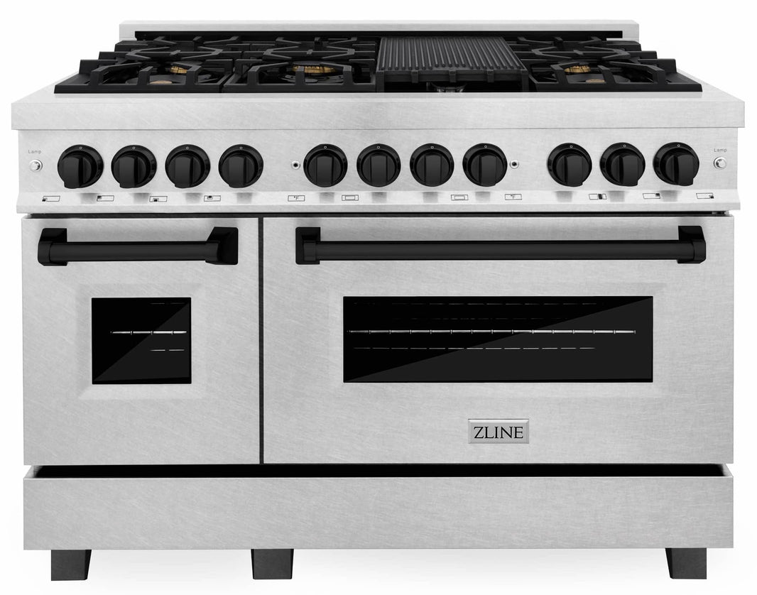 ZLINE Autograph Edition 48-Inch Dual Fuel Range, Gas Stove & Electric Oven In DuraSnow Stainless Steel With Black Matte Accents (RASZ-SN-48-MB)