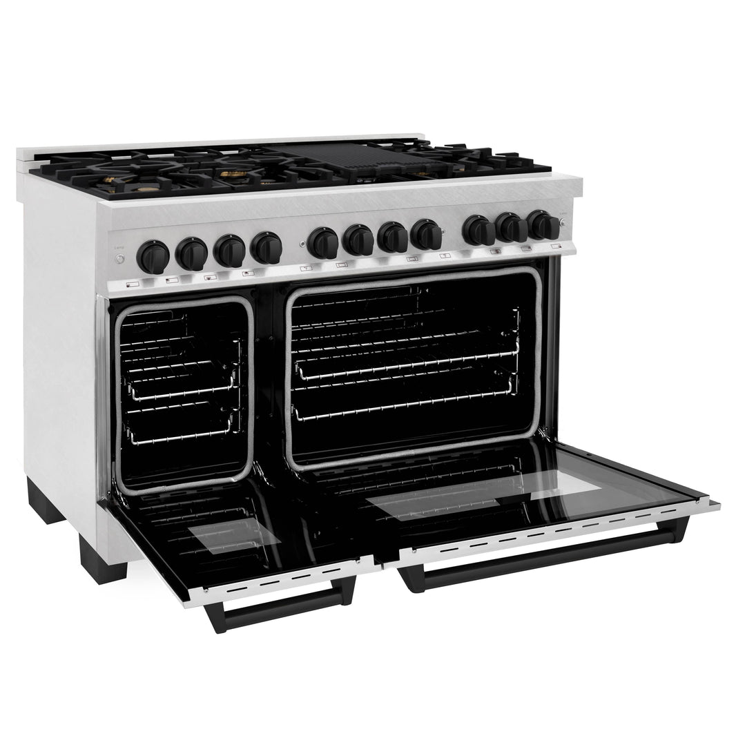 ZLINE Autograph Edition 48-Inch Dual Fuel Range, Gas Stove & Electric Oven In DuraSnow Stainless Steel With Black Matte Accents (RASZ-SN-48-MB)