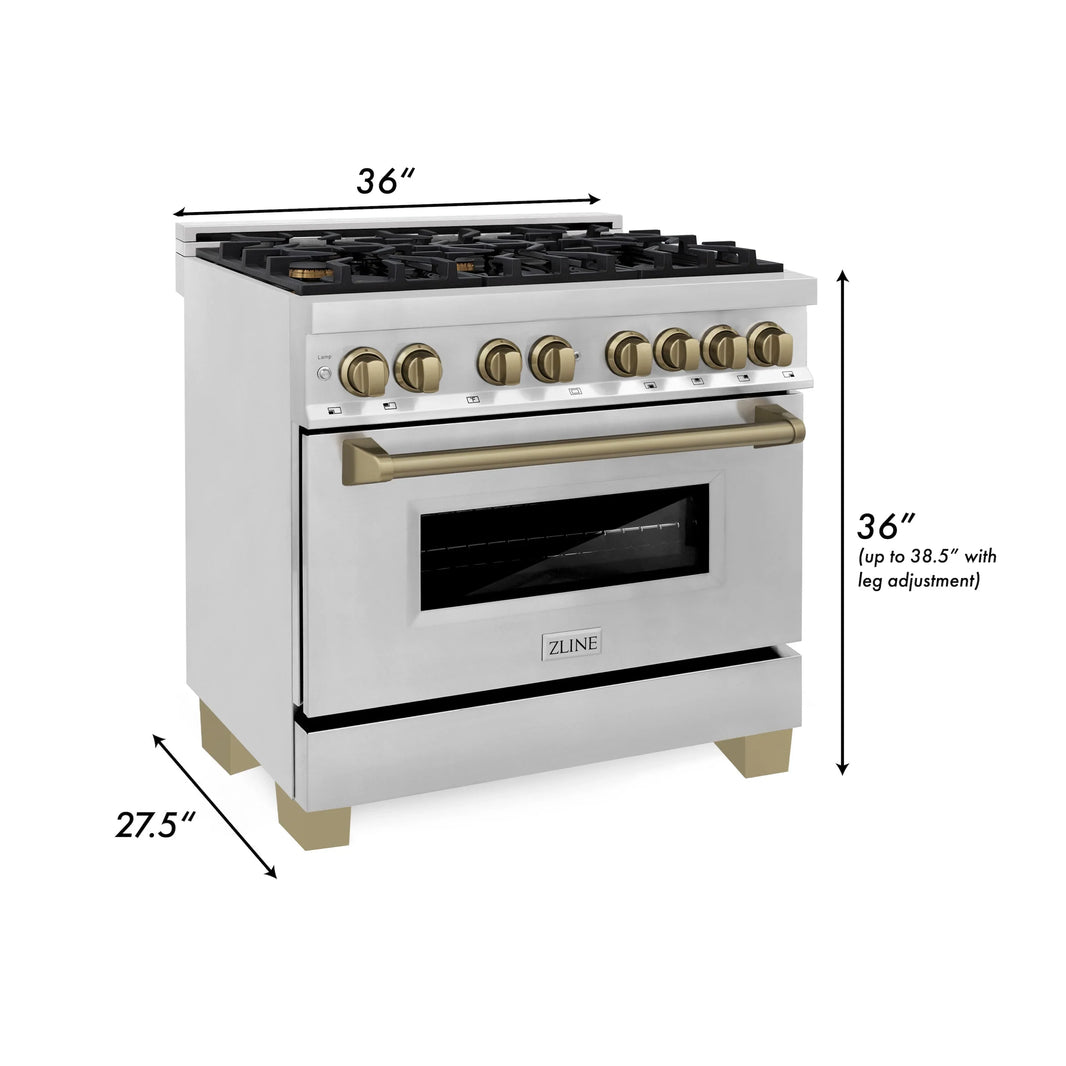 ZLINE Autograph Edition 3-Piece Appliance Package - 36" Dual Fuel Range, Wall Mounted Range Hood, & 24" Tall Tub Dishwasher in Stainless Steel with Champagne Bronze Trim (3AKP-RARHDWM36-CB)