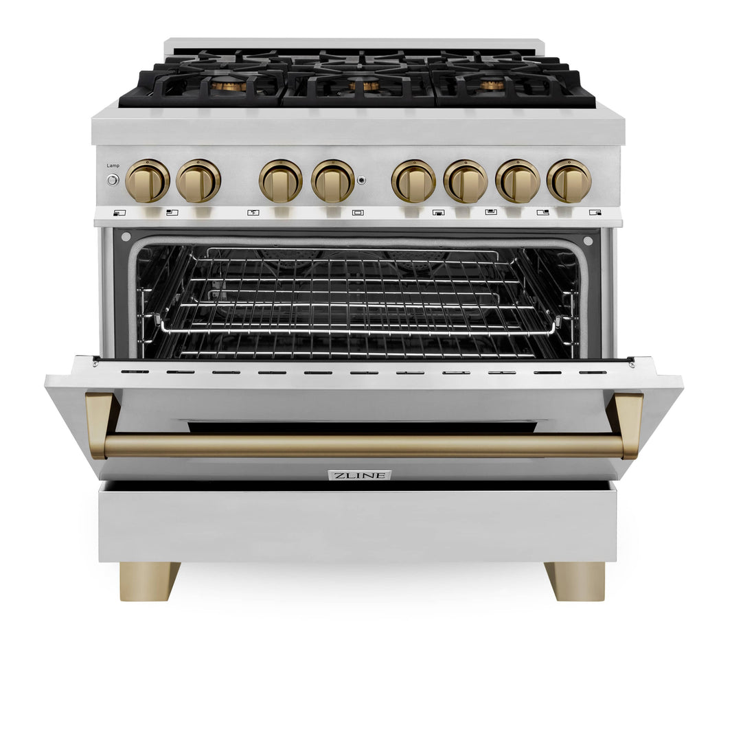 ZLINE Autograph Edition 36-Inch 4.6 cu. ft. Dual Fuel Range with Gas Stove and Electric Oven in Stainless Steel with Champagne Bronze Accents (RAZ-36-CB)