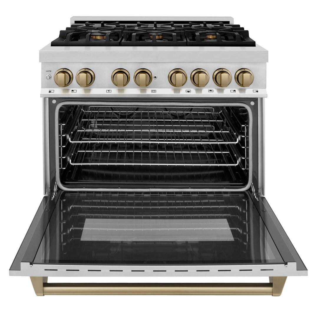 ZLINE Autograph Edition 36-Inch 4.6 cu. ft. Dual Fuel Range with Gas Stove and Electric Oven in Stainless Steel with Champagne Bronze Accents (RAZ-36-CB)