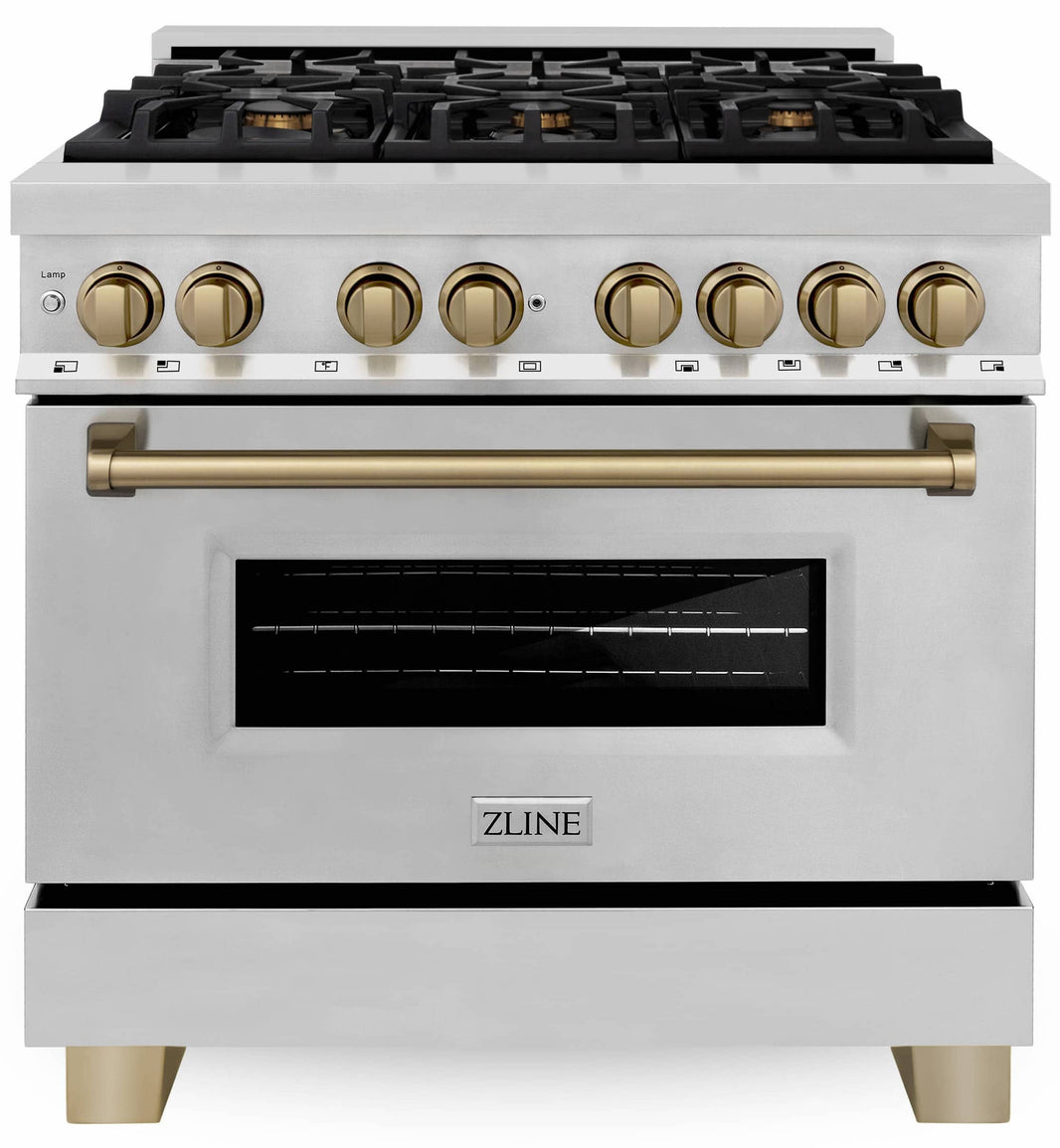 ZLINE Autograph Edition 36-Inch 4.6 cu. ft. Dual Fuel Range with Gas Stove and Electric Oven in Stainless Steel with Champagne Bronze Accents (RAZ-36-CB)