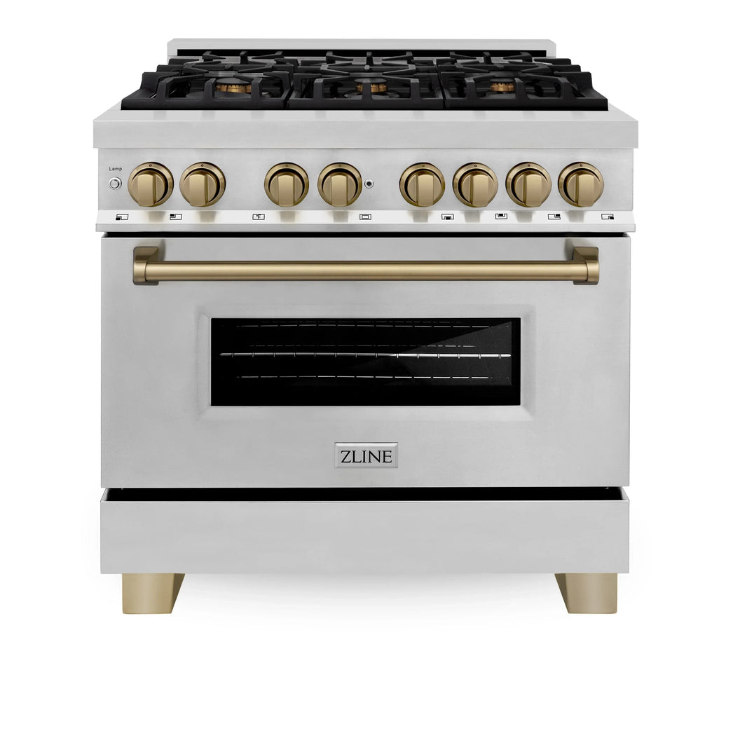 ZLINE Autograph Edition 2-Piece Appliance Package - 36" Dual Fuel Range & Wall Mounted Range Hood in Stainless Steel with Champagne Bronze Trim (2AKP-RARH36-CB)