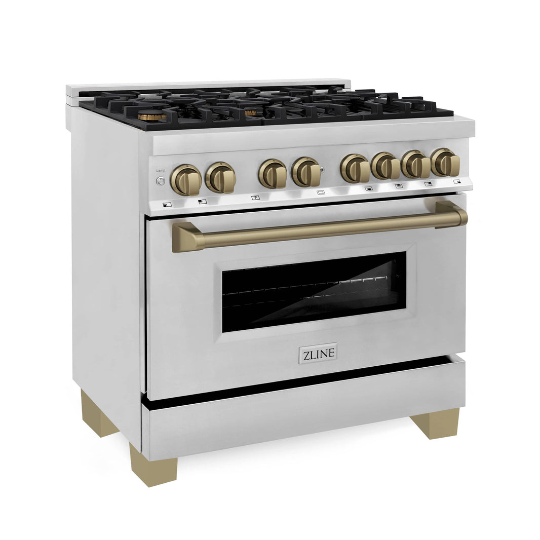 ZLINE Autograph Edition 36-Inch 4.6 cu. ft. Dual Fuel Range with Gas Stove and Electric Oven in Stainless Steel with Champagne Bronze Accents (RAZ-36-CB)