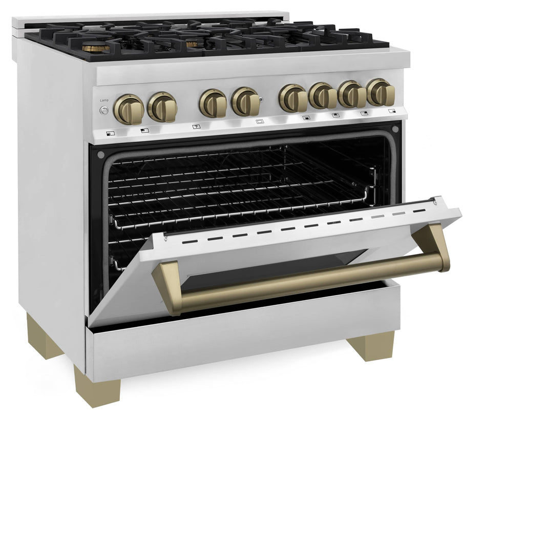 ZLINE Autograph Edition 36-Inch 4.6 cu. ft. Dual Fuel Range with Gas Stove and Electric Oven in Stainless Steel with Champagne Bronze Accents (RAZ-36-CB)