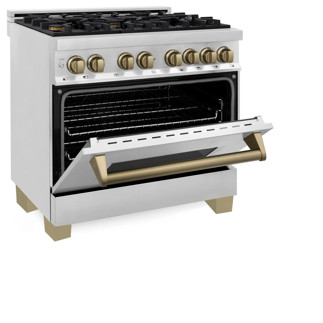 ZLINE Autograph Edition 2-Piece Appliance Package - 36" Dual Fuel Range & Wall Mounted Range Hood in Stainless Steel with Champagne Bronze Trim (2AKP-RARH36-CB)