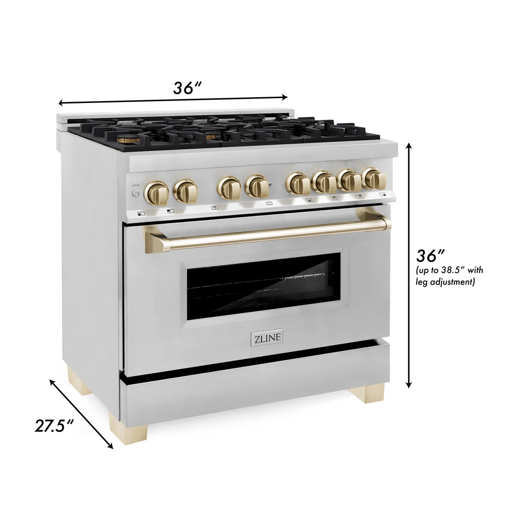 ZLINE Autograph Edition 3-Piece Appliance Package - 36" Dual Fuel Range, Wall Mounted Range Hood, & 24" Tall Tub Dishwasher in Stainless Steel with Gold Trim (3AKP-RARHDWM36-G)